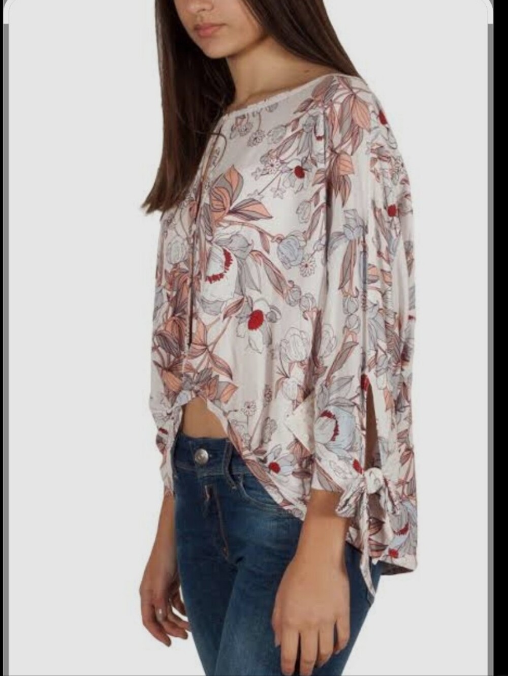 546-Free People Floral Twist-Front Blouse in Blush, Pale Blue & Cream